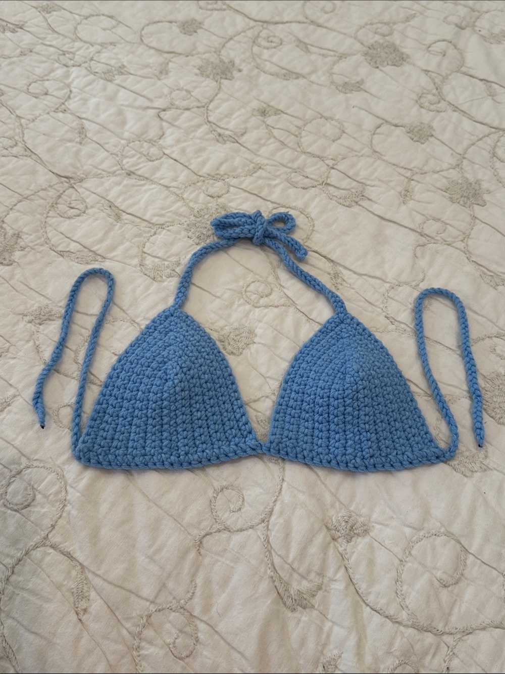 Handmade knitted bikini top in sky blue